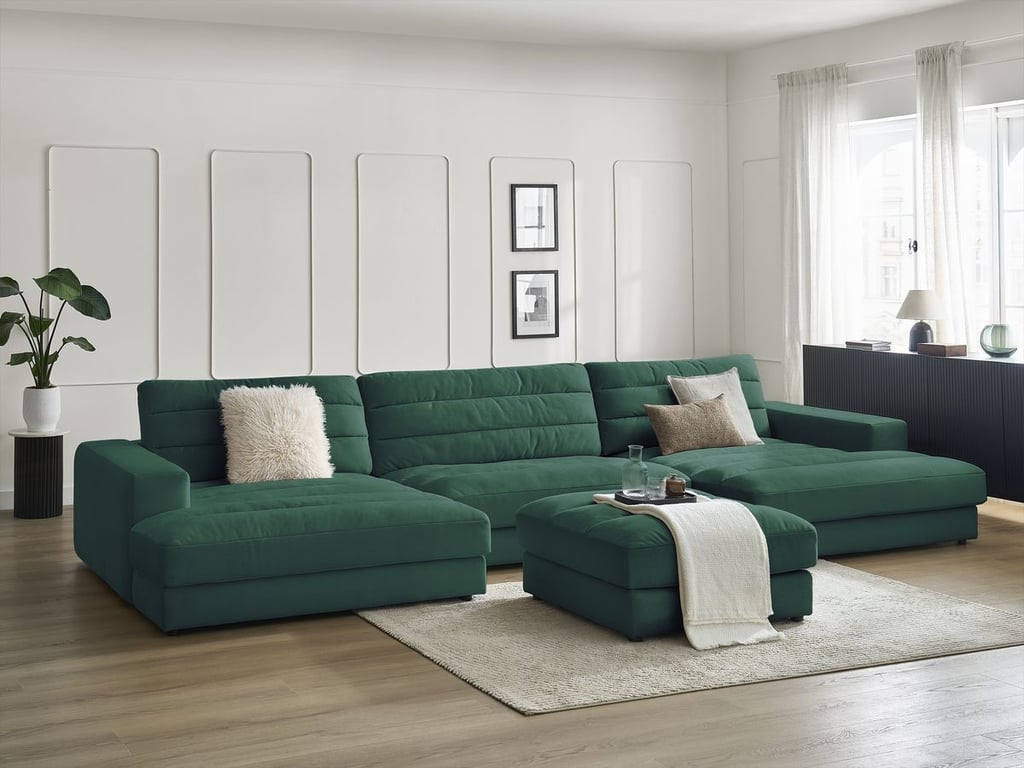 Produit similaire: Canapé panoramique fixe SIERRA velours avec pouf vert foncé BOBOCHIC 4 places