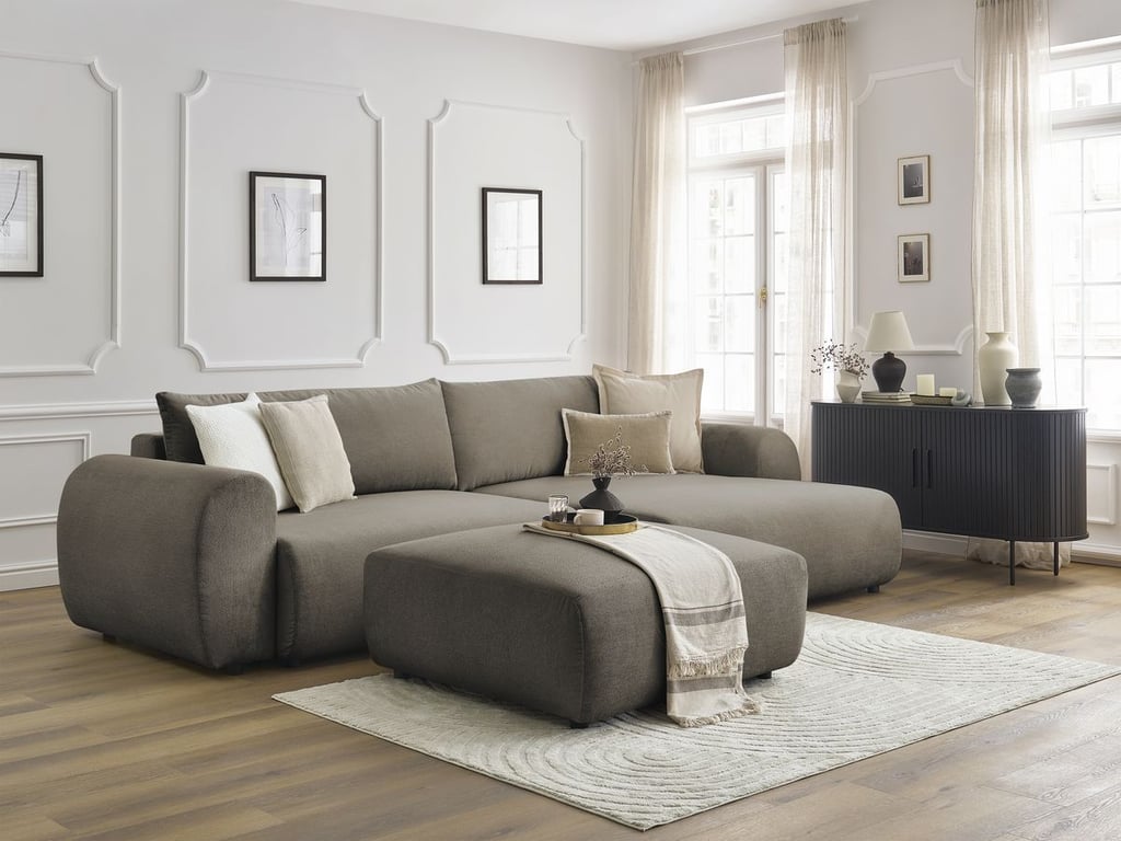 Produit similaire: Canapé d'angle convertible coffre LUCIEN tissu lisse avec pouf taupe angle droit BOBOCHIC 5 places