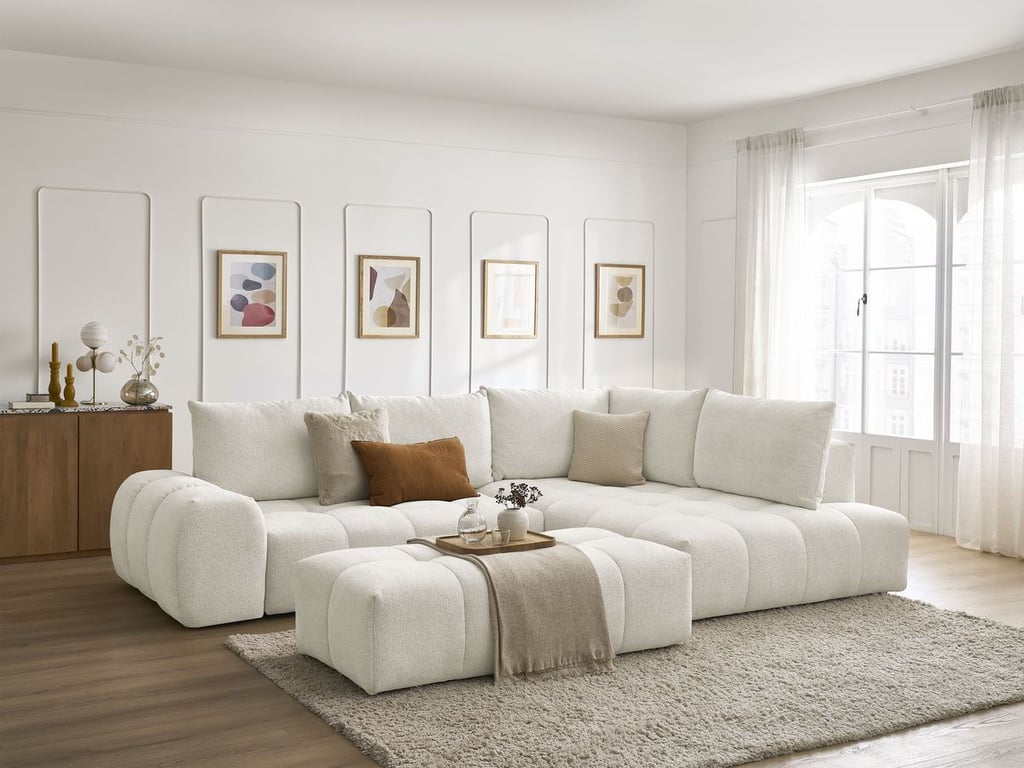 Produit similaire: Canapé d'angle L convertible coffre EVEREST tissu chiné avec pouf blanc angle droit BOBOCHIC 4 places