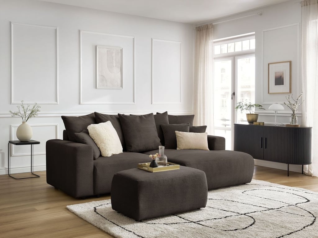 Produit similaire: Canapé d'angle convertible coffre ATILLA velours côtelé avec pouf taupe angle droit BOBOCHIC 4 places
