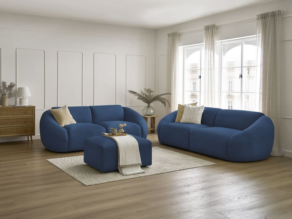 Produit similaire: Ensemble canapé droit fixe 3 + 2 places TINA velours côtelé avec pouf bleu foncé BOBOCHIC