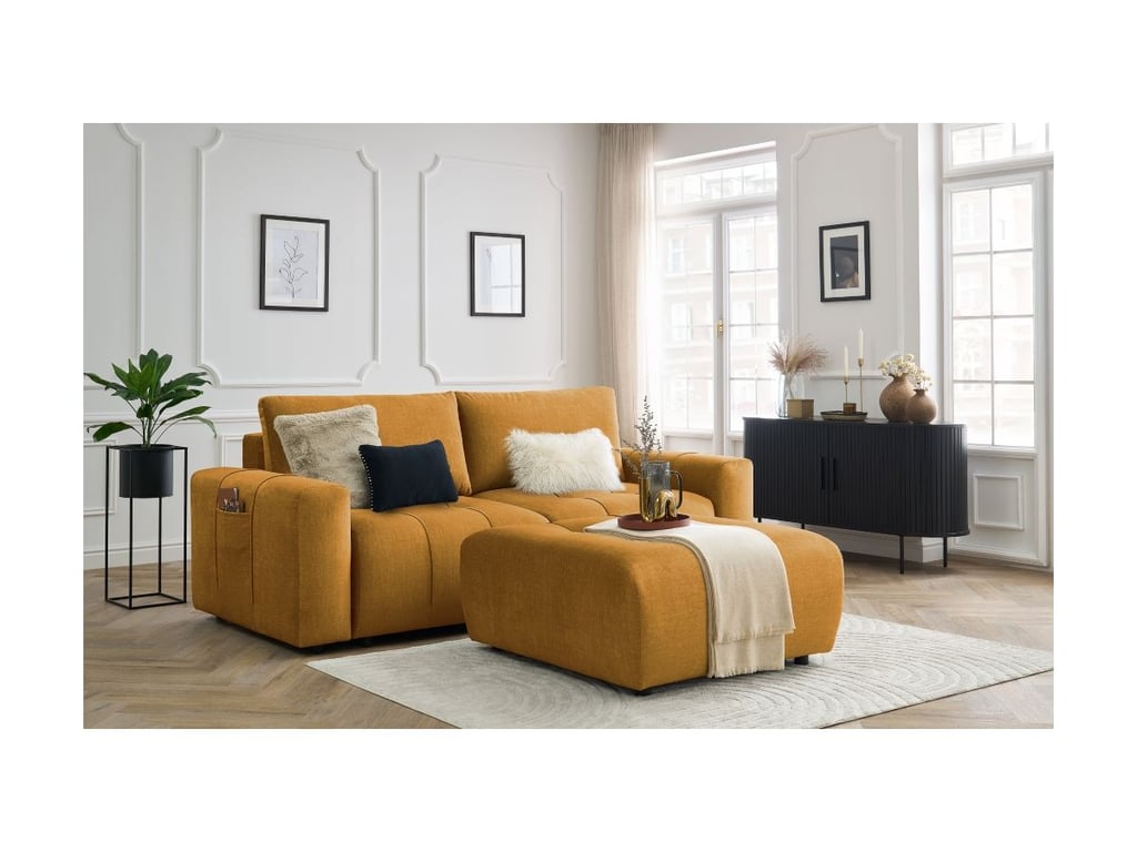 Produit similaire: Canapé droit convertible coffre ARSENE tissu velours avec pouf jaune BOBOCHIC 4 places
