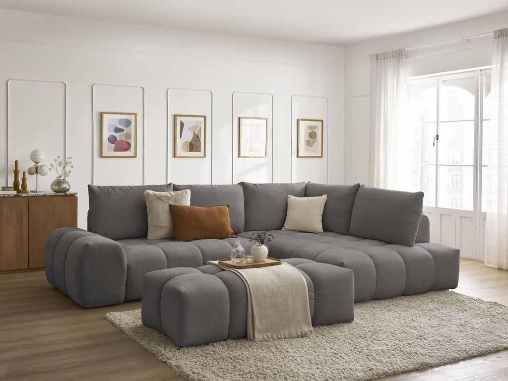 Produit similaire: Canapé d'angle L convertible coffre EVEREST tissu texturé avec pouf gris foncé angle droit BOBOCHIC 4 places