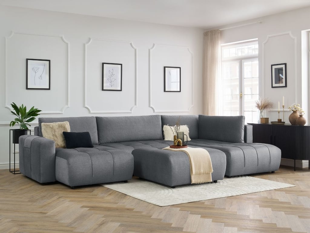 Produit similaire: Canapé panoramique convertible coffre ARSENE tissu velours avec pouf gris foncé angle gauche BOBOCHIC 6 places