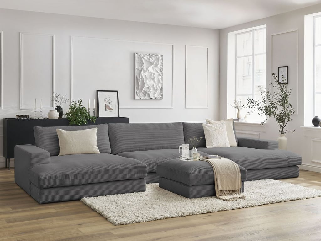 Produit similaire: Canapé panoramique fixe compact LEONARD velours côtelé avec pouf gris foncé BOBOCHIC 5 places