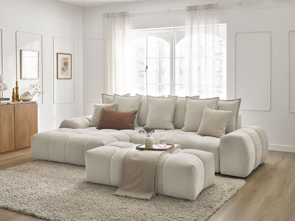 Produit similaire: Canapé d'angle convertible coffre EVEREST tissu texturé avec pouf beige angle gauche BOBOCHIC 4 places