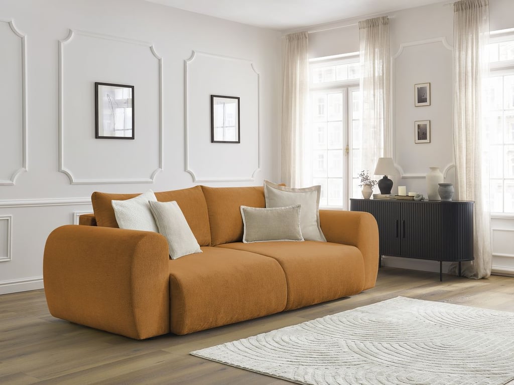 Produit similaire: Canapé droit convertible coffre LUCIEN tissu lisse jaune BOBOCHIC 3 places