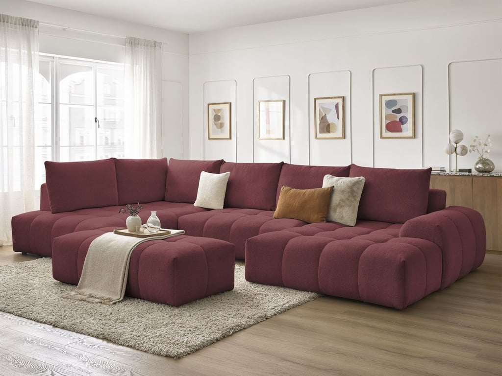 Produit similaire: Canapé panoramique convertible coffre EVEREST tissu chiné avec pouf rouge angle droit BOBOCHIC 7 places