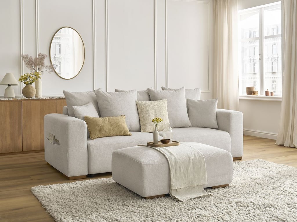 Produit similaire: Canapé droit convertible SIDONIE tissu chiné avec pouf beige BOBOCHIC 4 places