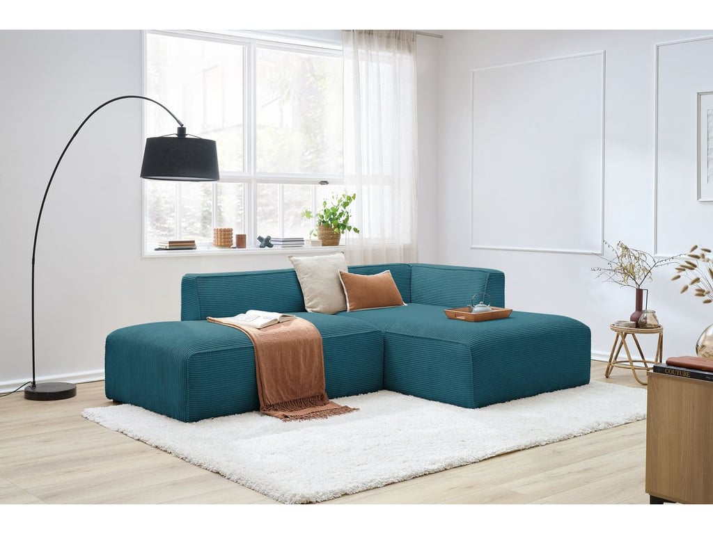 Produit similaire: Canapé d'angle fixe MEGEVE tissu velours côtelé bleu foncé angle droit BOBOCHIC 4 places