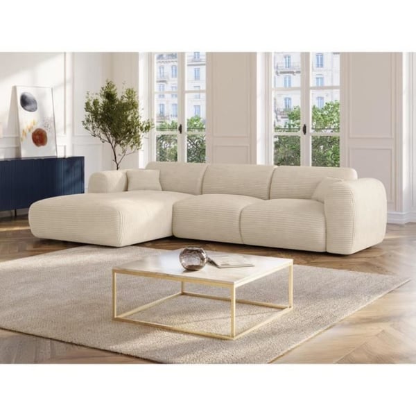 Pogni - Grand canapé angle gauche en velours côtelé beige