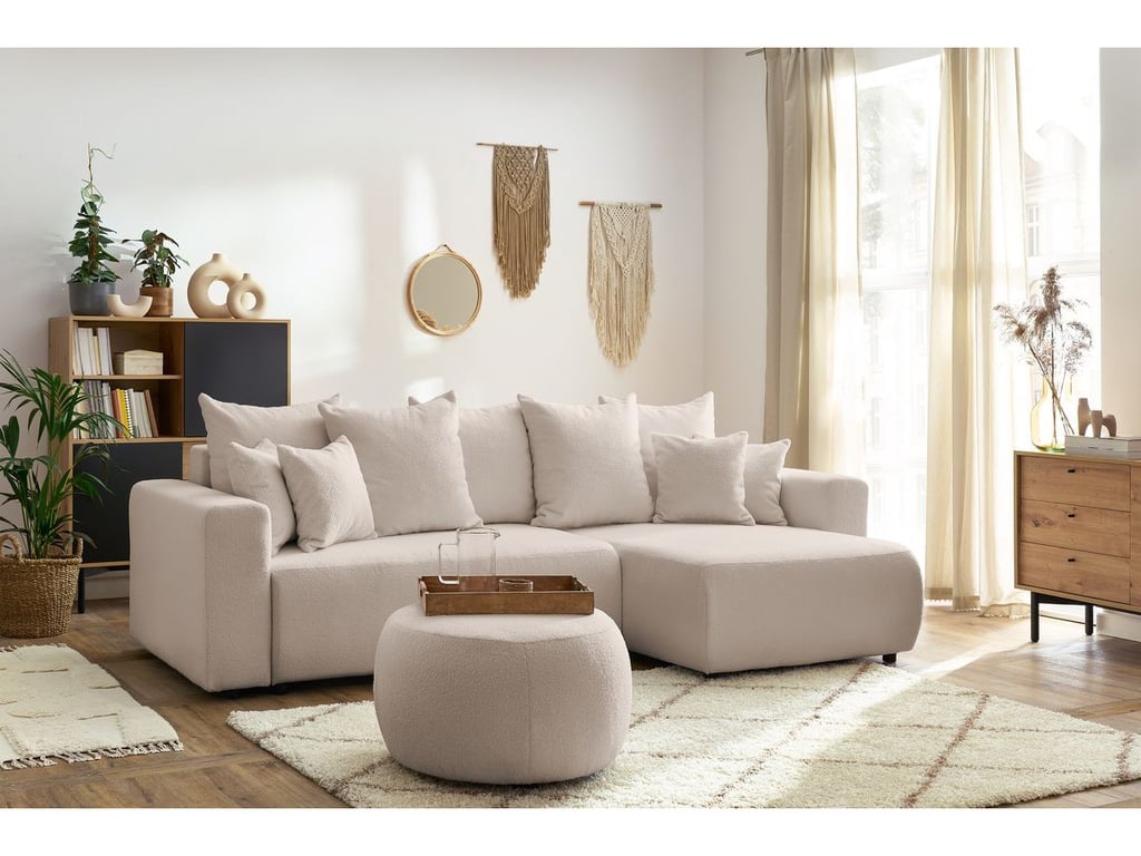 Produit similaire: Canapé d'angle réversible convertible coffre ENVY tissu bouclette doux avec pouf rond beige BOBOCHIC 5 places