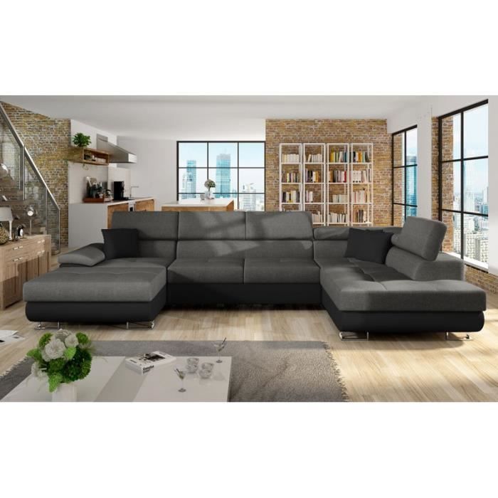 Produit similaire: COTORE - Canapé d'angle panoramique en U - en simili et tissu - Gris foncé et noir