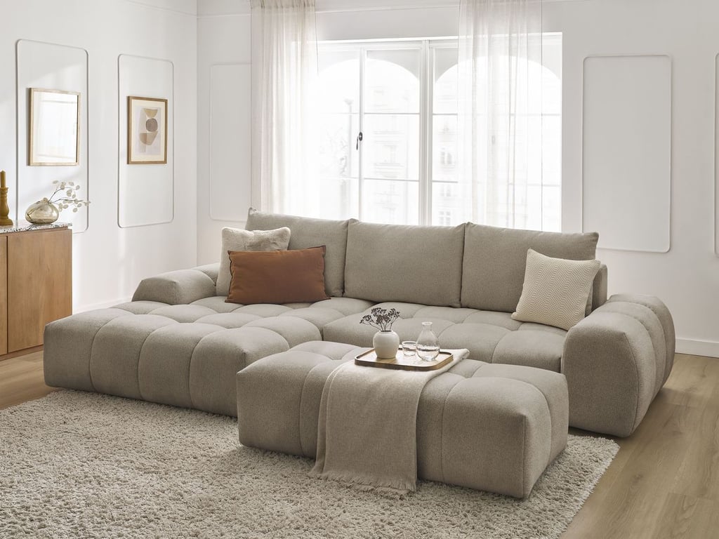 Produit similaire: Canapé d'angle convertible coffre EVEREST tissu chiné avec pouf taupe angle gauche BOBOCHIC 4 places