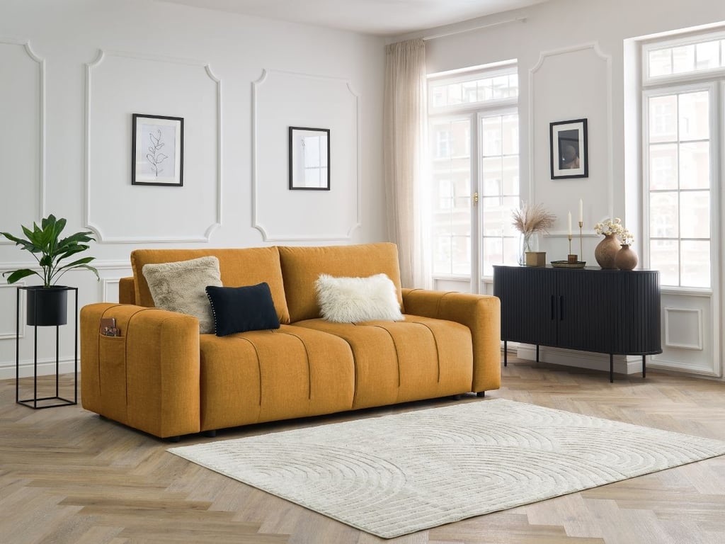 Produit similaire: Canapé droit convertible coffre ARSENE tissu velours jaune BOBOCHIC 3 places