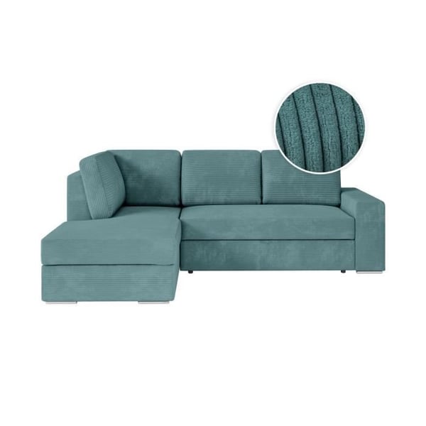 Canapé d'angle gauche 3 places convertible ADEN avec coffre en velours côtelé - Bleu clair - L246 x P174 x H96cm - LOUNGITUDE