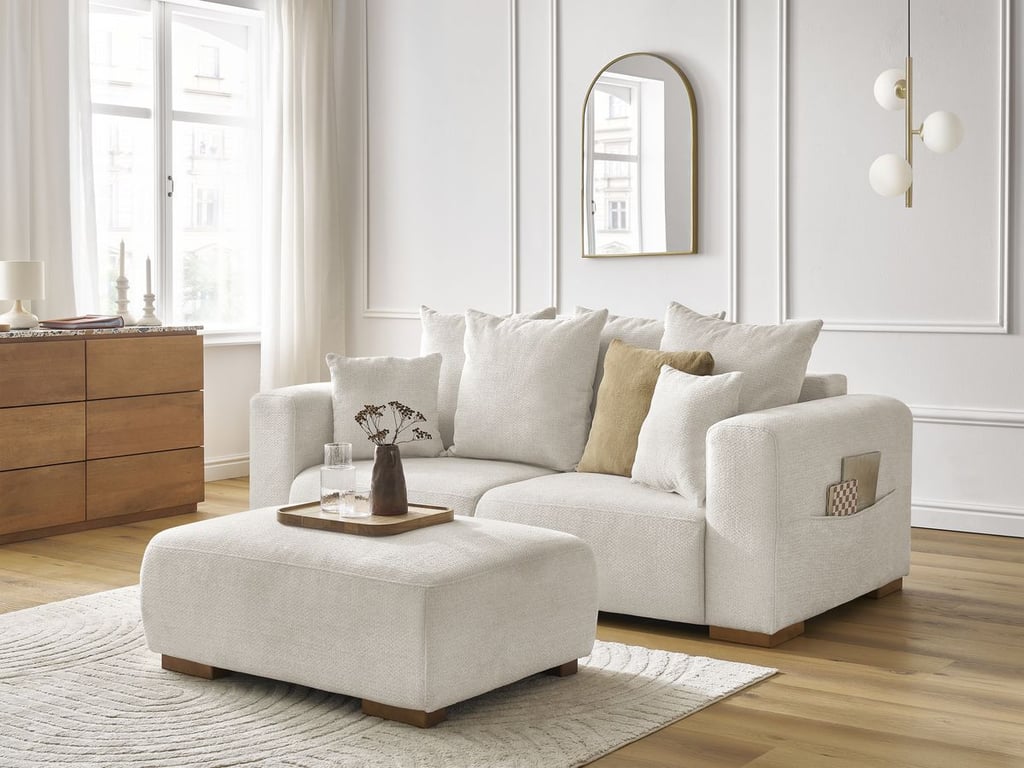Produit similaire: Canapé droit fixe 2 places SIDONIE tissu chiné avec pouf beige BOBOCHIC