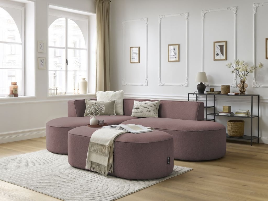 Produit similaire: Canapé d'angle fixe ROUSSEAU tissu chiné avec pouf rose angle gauche BOBOCHIC 5 places