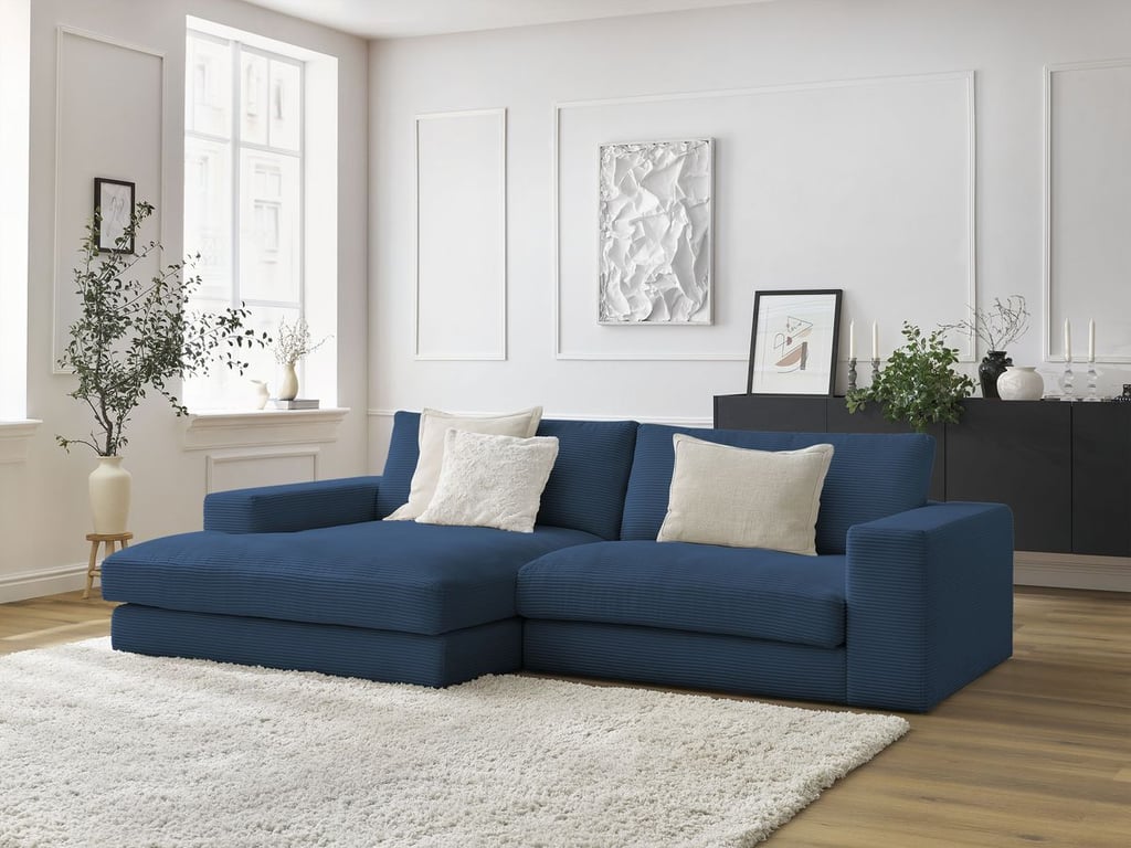 Produit similaire: Canapé d'angle fixe LEONARD velours côtelé bleu foncé angle gauche BOBOCHIC 4 places