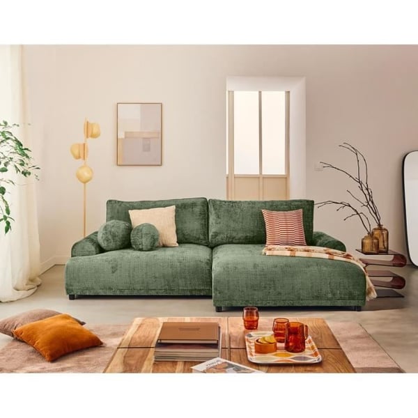 Nelly - Canapé d'angle droit 4 places velours vert