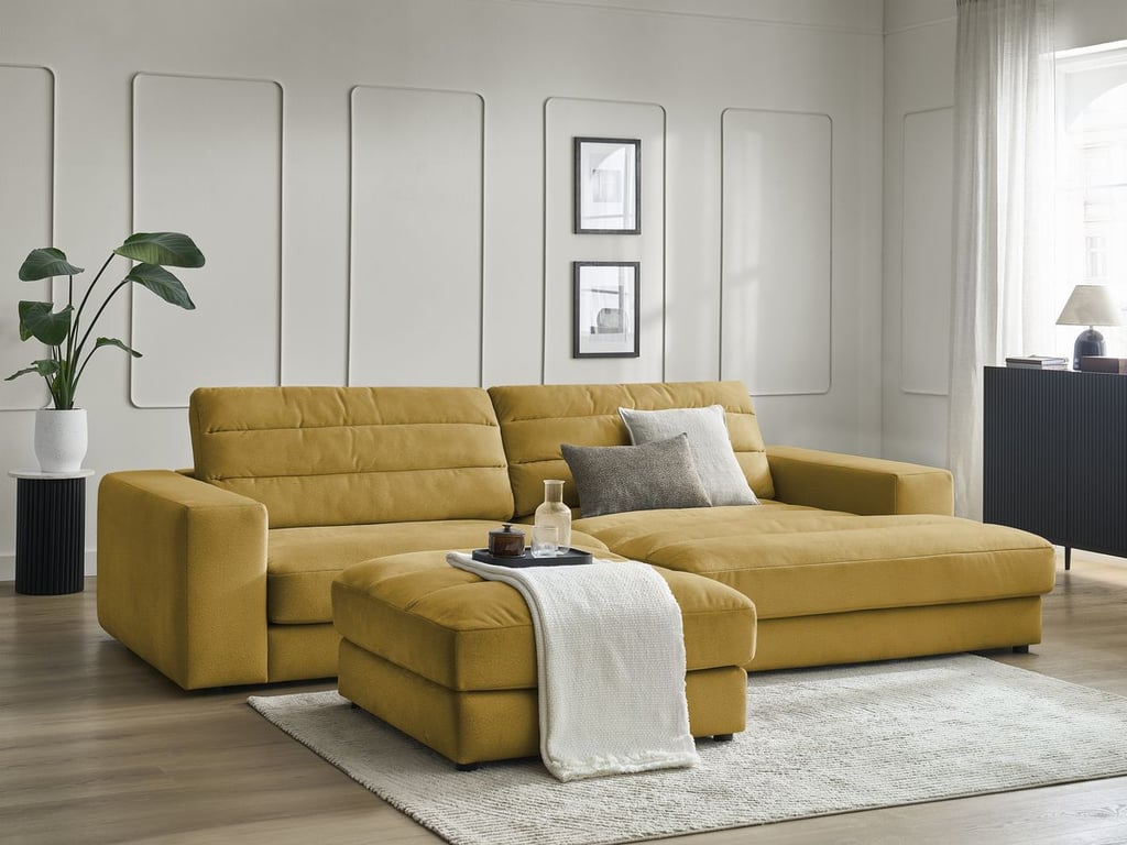 Produit similaire: Canapé d'angle fixe SIERRA velours avec pouf jaune angle droit BOBOCHIC 4 places