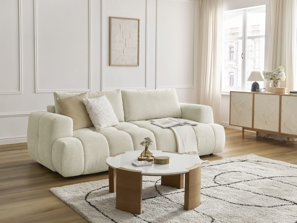Canapé droit convertible 3 places FUJI tissu lisse avec pouf beige   BOBOCHIC
