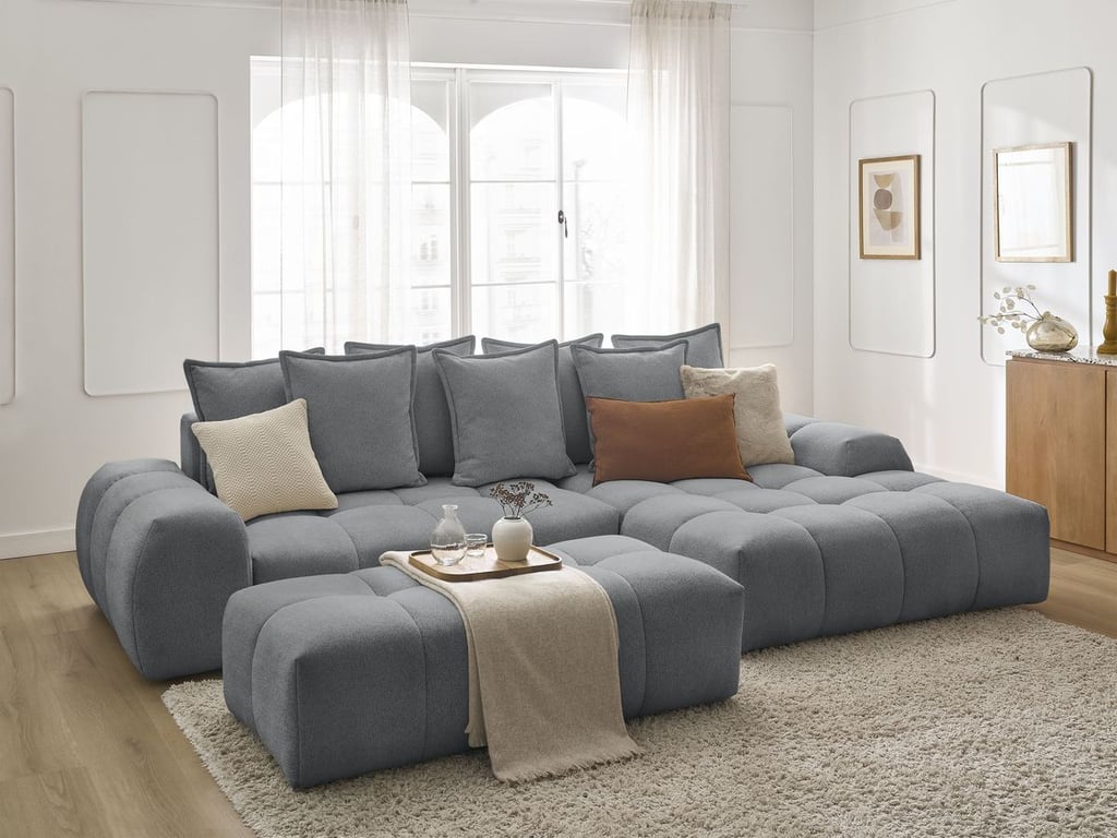 Produit similaire: Canapé d'angle convertible coffre EVEREST tissu chiné avec pouf gris foncé angle droit BOBOCHIC 4 places