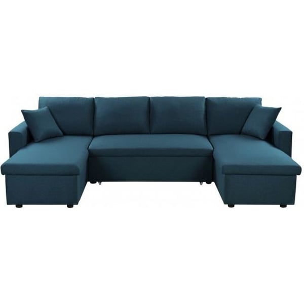 Canapé d'Angle Panoramique 6 Places MARIA Convertible Avec 2 Coffres en tissu - Bleu pétrole - L295 x P146 x H81cm - LOUNGITUDE