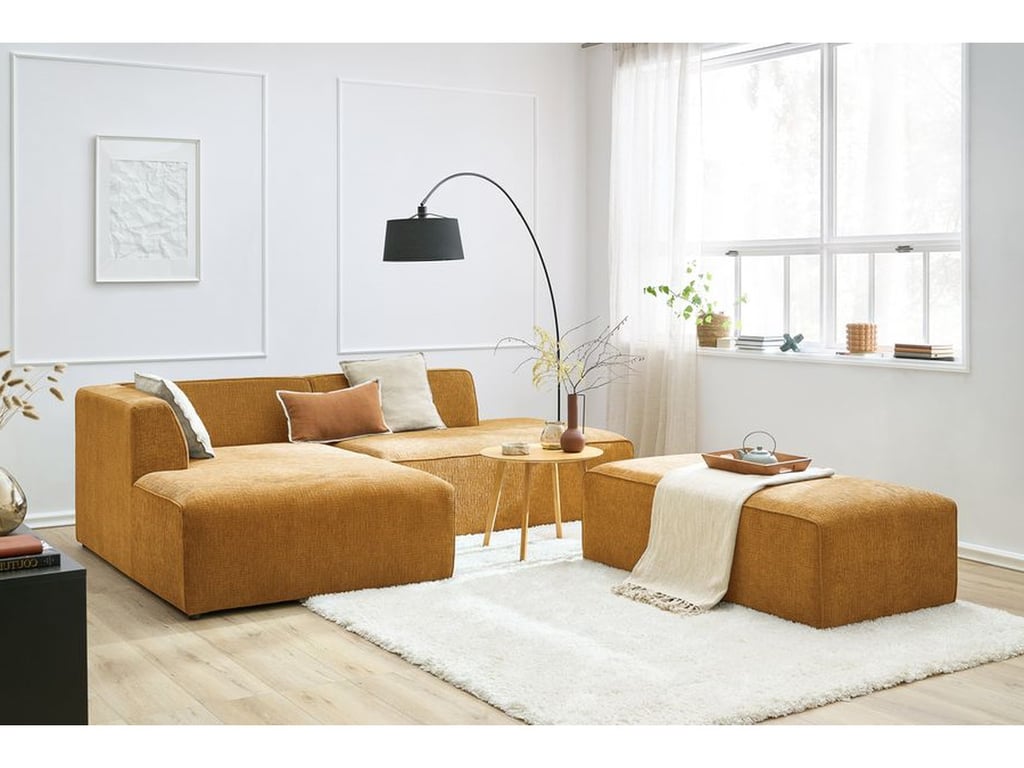 Produit similaire: Canapé d'angle fixe modulable MEGEVE tissu texturé avec pouf jaune angle gauche BOBOCHIC 5 places