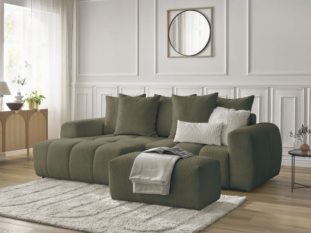 Produit similaire: Canapé d'angle convertible coffre ROXELANE tissu bouclette avec pouf vert angle gauche BOBOCHIC 3 places