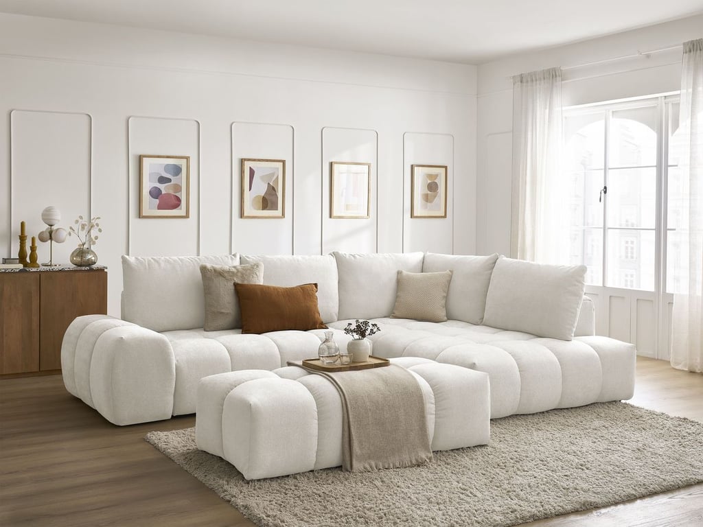 Produit similaire: Canapé d'angle L convertible coffre EVEREST tissu texturé avec pouf blanc angle droit BOBOCHIC 4 places