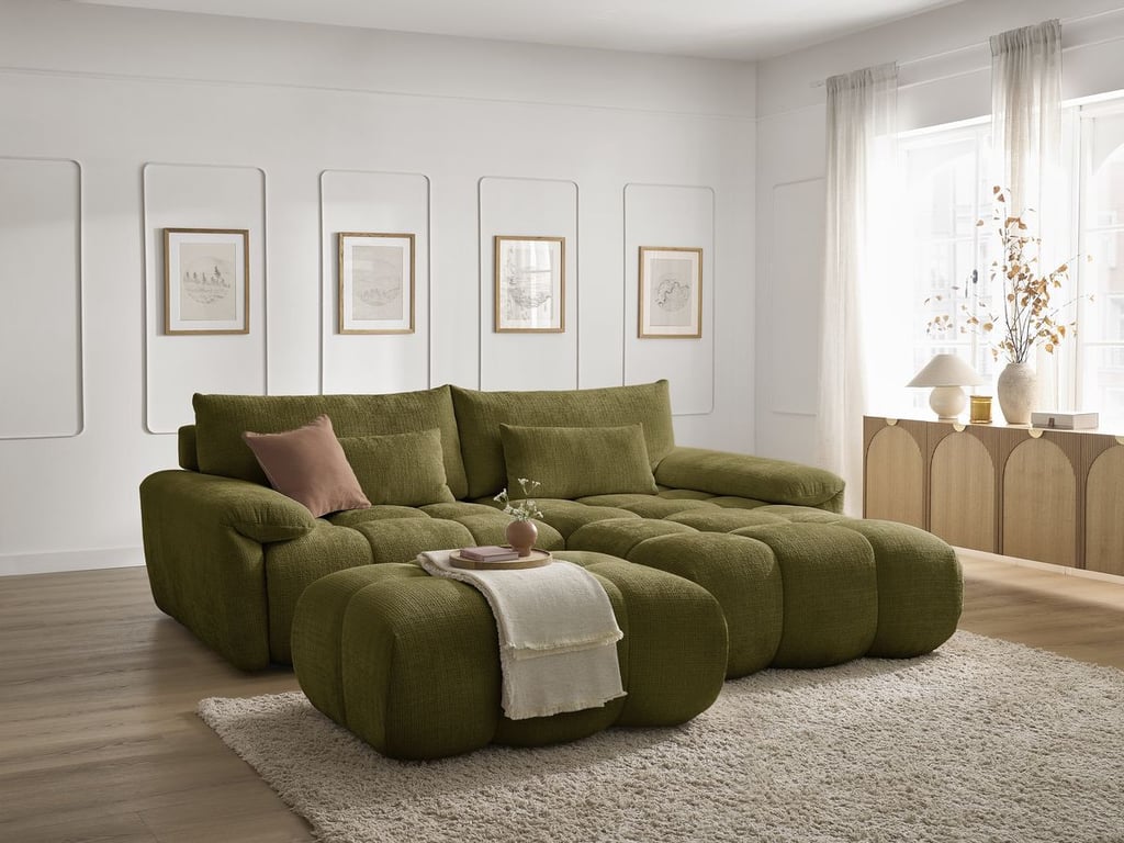 Produit similaire: Canapé d'angle fixe IVANE tissu texturé avec pouf vert angle droit BOBOCHIC 4 places
