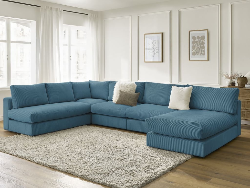 Produit similaire: Canapé d'angle modulable PARIS velours côtelé avec 3 chauffeuses, 1 méridienne et 1 angle bleu clair BOBOCHIC 5 places