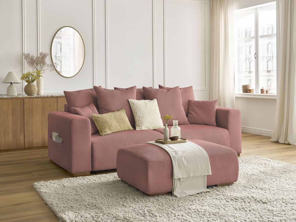 Produit similaire: Canapé droit convertible coffre SIDONIE velours côtelé avec pouf rose BOBOCHIC 4 places