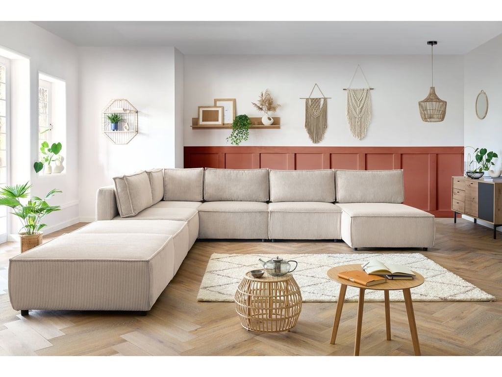 Produit similaire: Canapé panoramique fixe 100% modulable NIHAD tissu velours côtelé 3 chauffeuses, 1 angle, 1 méridienne et 2 beige panoramique BOBOCHIC 8 places