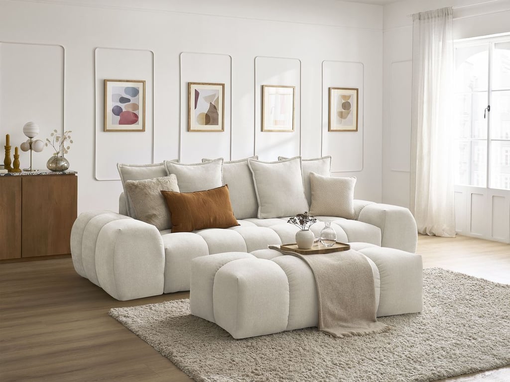 Produit similaire: Canapé droit convertible coffre EVEREST tissu texturé avec pouf beige BOBOCHIC 3 places