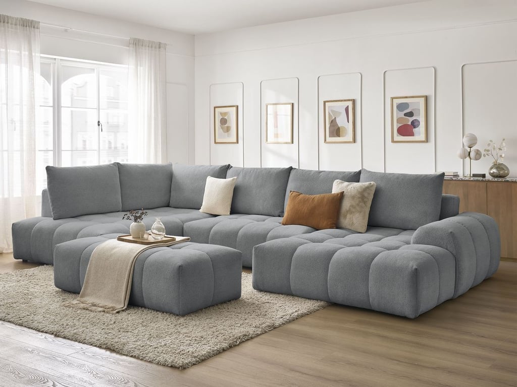 Produit similaire: Canapé panoramique convertible coffre EVEREST tissu chiné avec pouf gris foncé angle droit BOBOCHIC 7 places