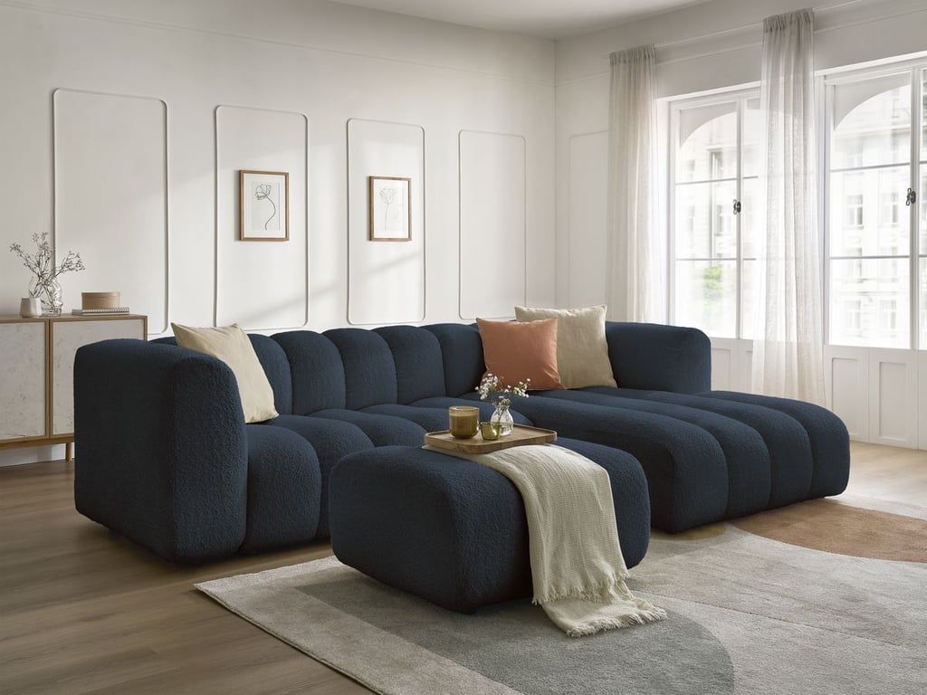 Produit similaire: Canapé d'angle fixe TALIA tissu bouclette avec pouf bleu foncé angle droit BOBOCHIC 4 places