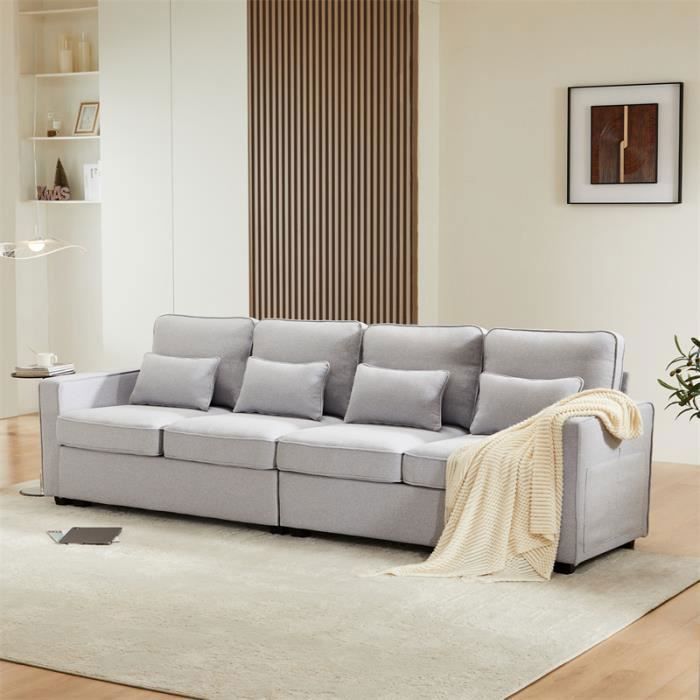Produit similaire: Canapé 4 places - Non spécifié - Lin - Gris clair - Style contemporain - Avec coussins et poches d'accoudoir