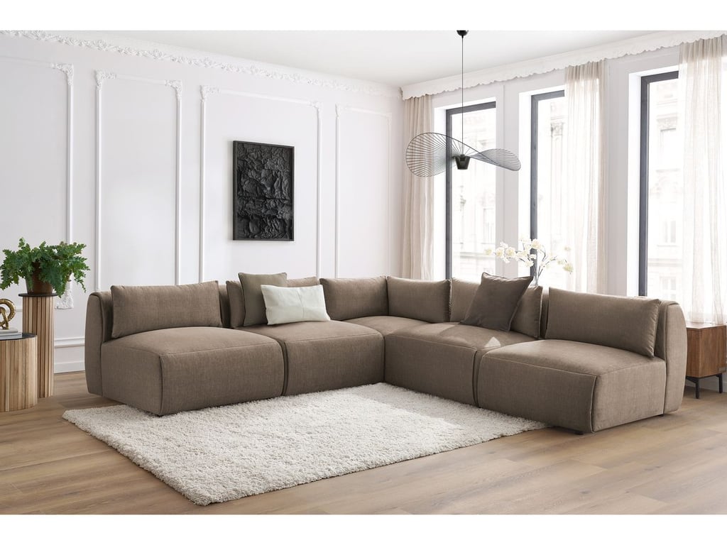 Produit similaire: Canapé d'angle fixe modulable JEANNE tissu velours avec 4 chauffeuses et 1 angle taupe réversible BOBOCHIC 5 places