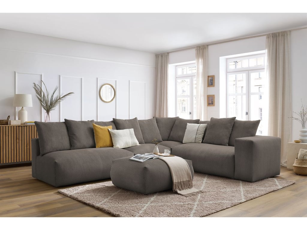 Canapé d'angle fixe modulable VOLTAIRE avec 2 chauffeuses 2 places, 1 angle, 1 chauffeuse 1 place et 1 pouf taupe  angle droit BOBOCHIC 7 places