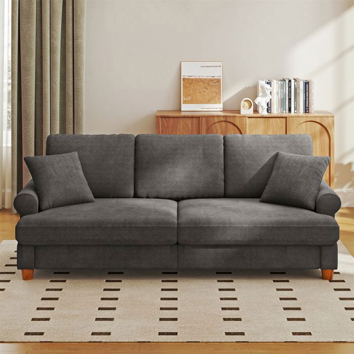 Grand Canapé 3 Places en Chenille Brun gris avec accoudoirs,coussins et oreillers,Canapé Moderne pour le salon,220×74×86cm