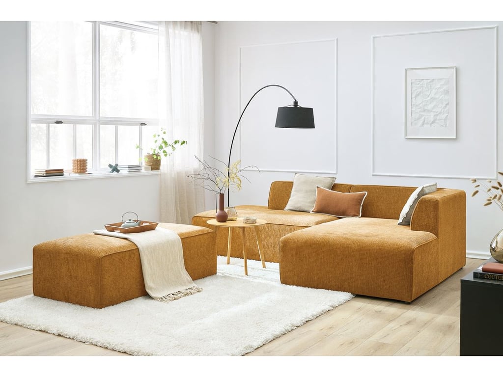 Produit similaire: Canapé d'angle fixe modulable MEGEVE tissu texturé avec pouf jaune angle droit BOBOCHIC 5 places