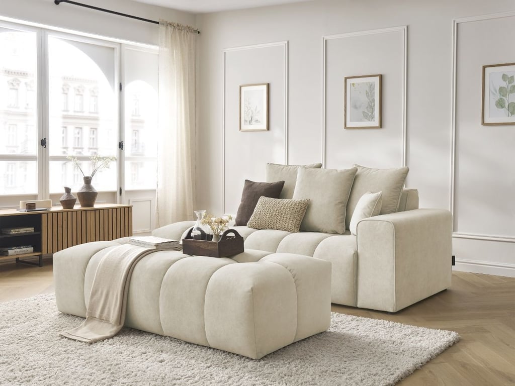 Produit similaire: Canapé droit fixe MONT-BLANC velours avec pouf beige accoudoir droit BOBOCHIC 5 places