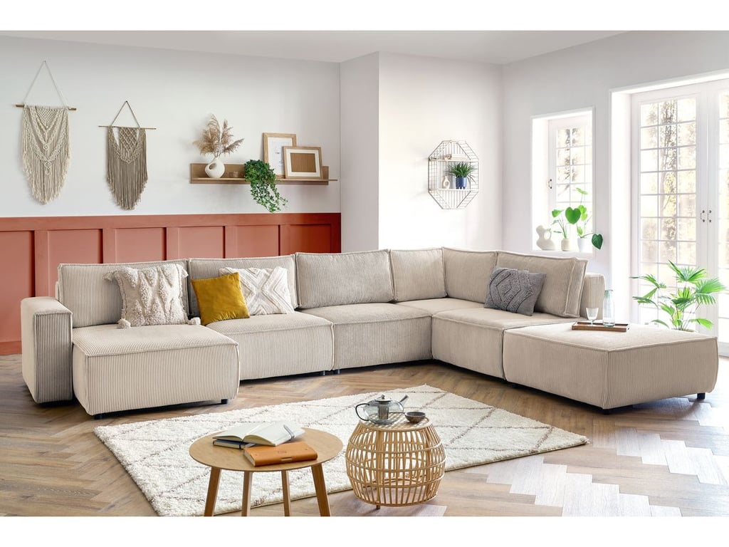 Produit similaire: Canapé d'angle fixe modulable XL NIHAD tissu velours côtelé avec pouf beige angle gauche BOBOCHIC 7 places
