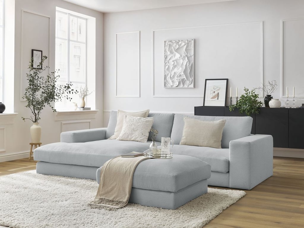 Produit similaire: Canapé d'angle fixe compact LEONARD velours côtelé avec pouf gris clair angle gauche BOBOCHIC 3 places