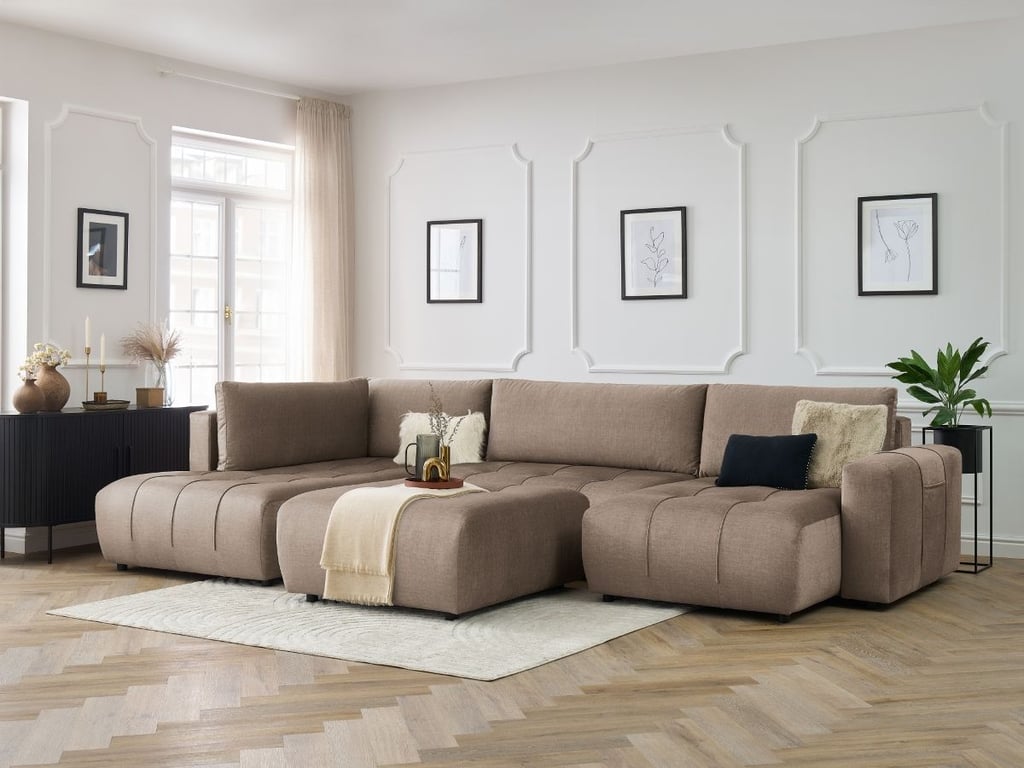 Produit similaire: Canapé panoramique convertible coffre ARSENE tissu velours avec pouf taupe angle droit BOBOCHIC 6 places