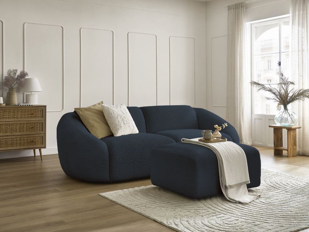 Produit similaire: Canapé droit fixe 3 places TINA tissu bouclette avec pouf bleu foncé BOBOCHIC