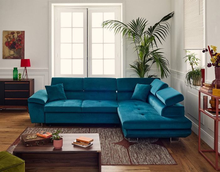 Produit similaire: Canapé d'angle droit 5 places convertible avec coffre et têtières réglables en velours - Bleu - BESTMOBILIER