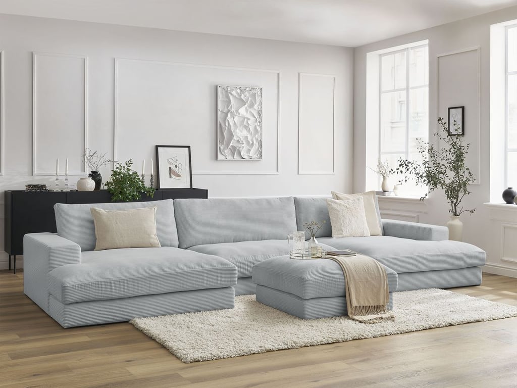 Produit similaire: Canapé panoramique fixe LEONARD velours côtelé avec pouf gris clair BOBOCHIC 7 places